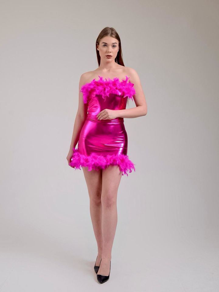 Fuchsia Metallic Feathered Two-Piece Dress