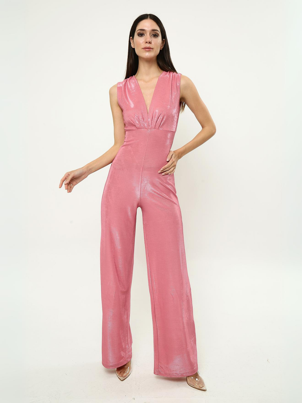 Pink Glitter Deep V Jumpsuit