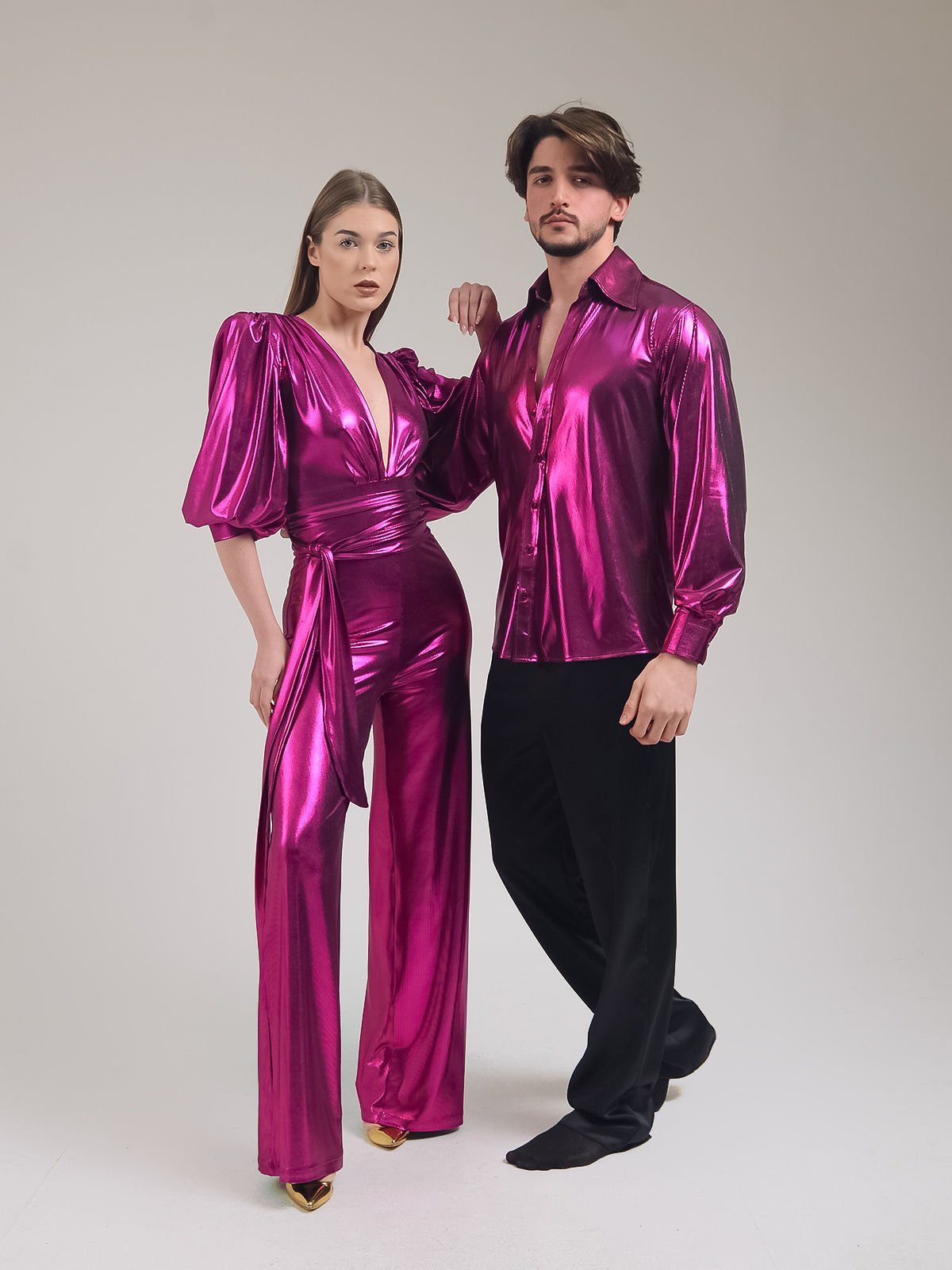 Matching Fuchsia Party Dress for Couples Wide Leg V Jumpsuit and Men s Shirt
