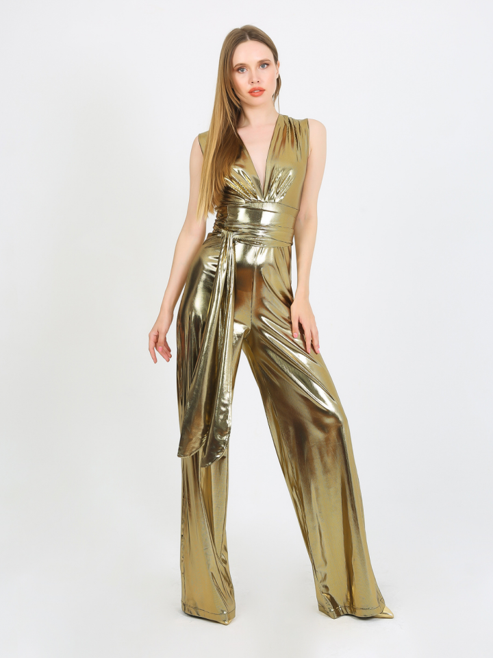 Gold Wide Leg Deep V Design Jumpsuit