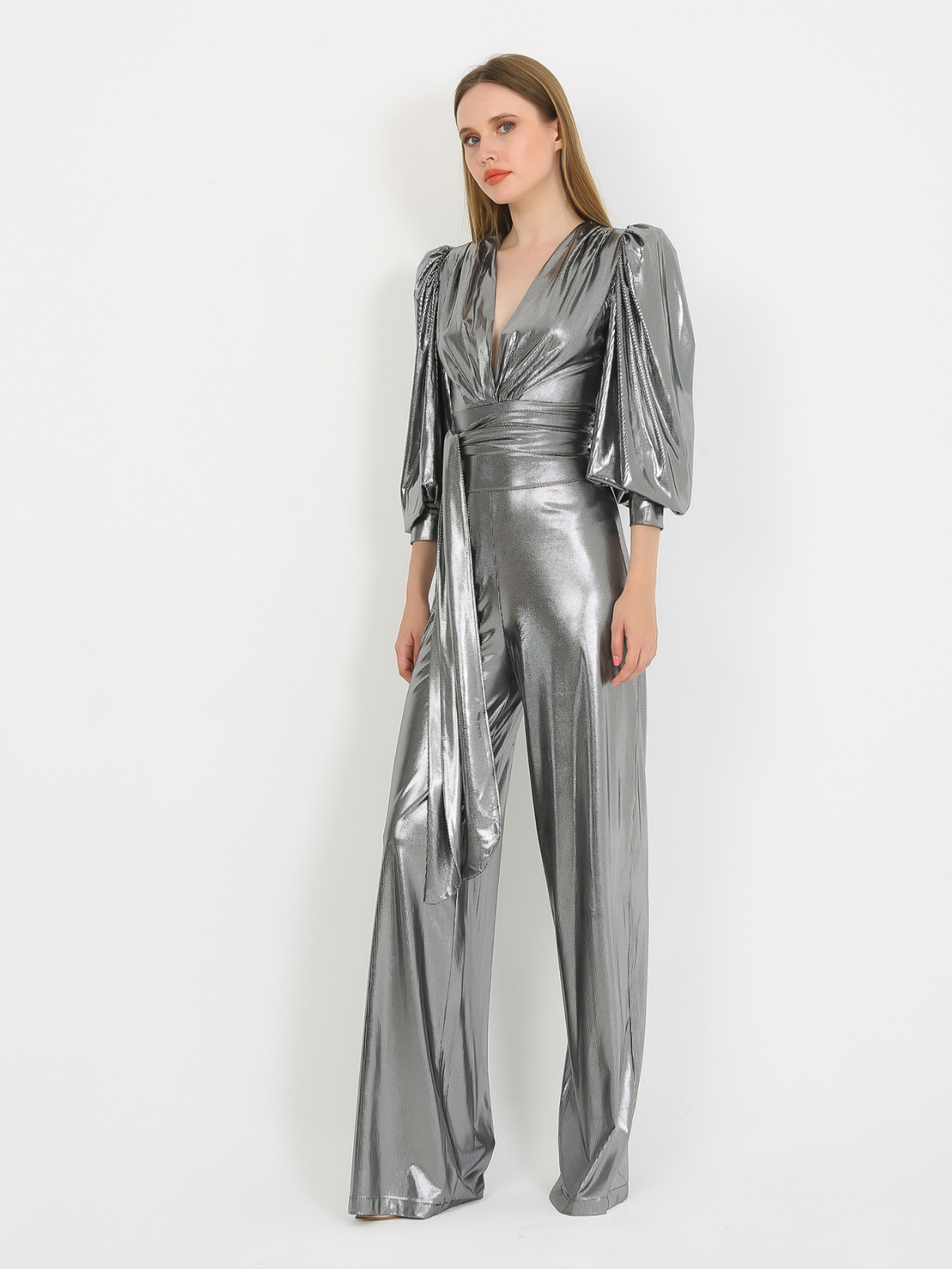 Silver Wide Leg 70s Style Jumpsuit