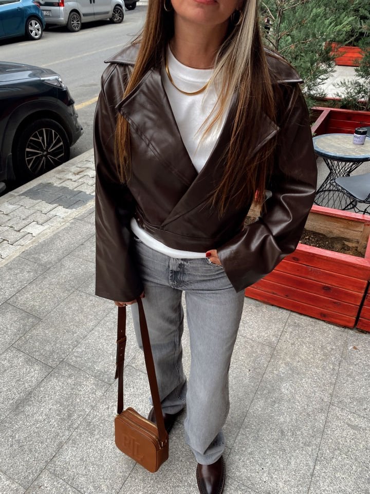 Premium Suni Deri Biker Ceket Acı Kahve