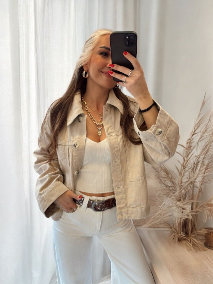 Oversize Cepli Bej Denim Ceket