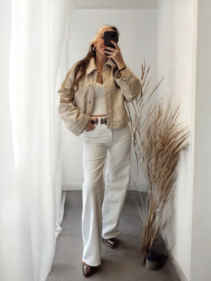 Oversize Cepli Bej Denim Ceket