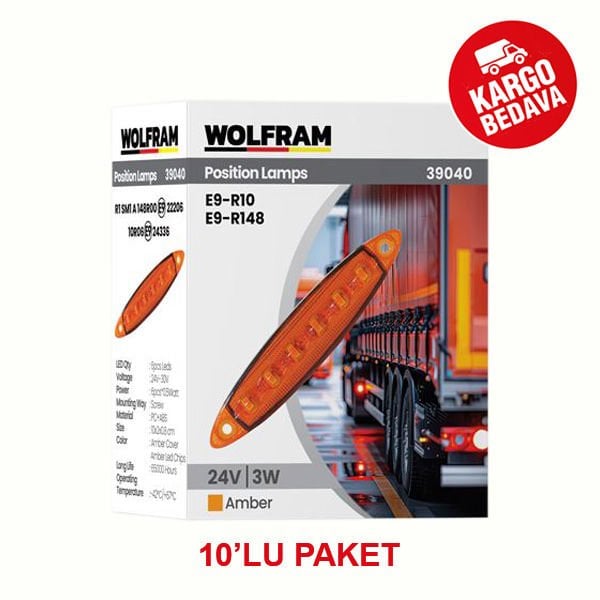 WOLFRAM 39040 24V YAN POZİSYON LAMBA 6 LED 3W AMBER E9-R10 BELGELİ - 10 Adet