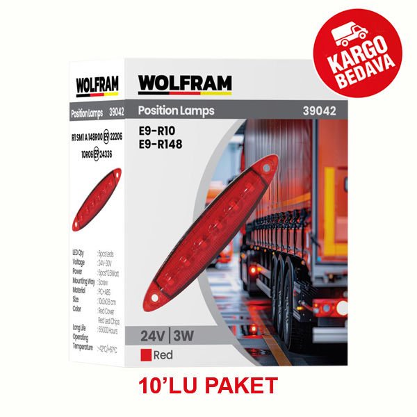 WOLFRAM 39042 24V YAN POZİSYON LAMBA 6 LED 3W KIRMIZI E9-R10 BELGELİ - 10 Adet