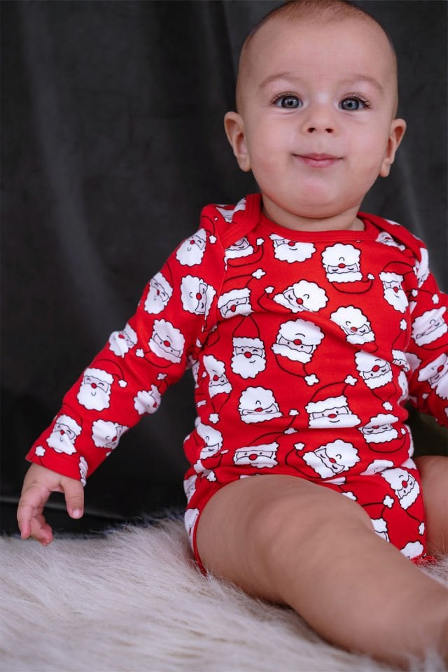 Pamuklu Uzun Kollu Kırmızı Noel Baba Bebek Body
