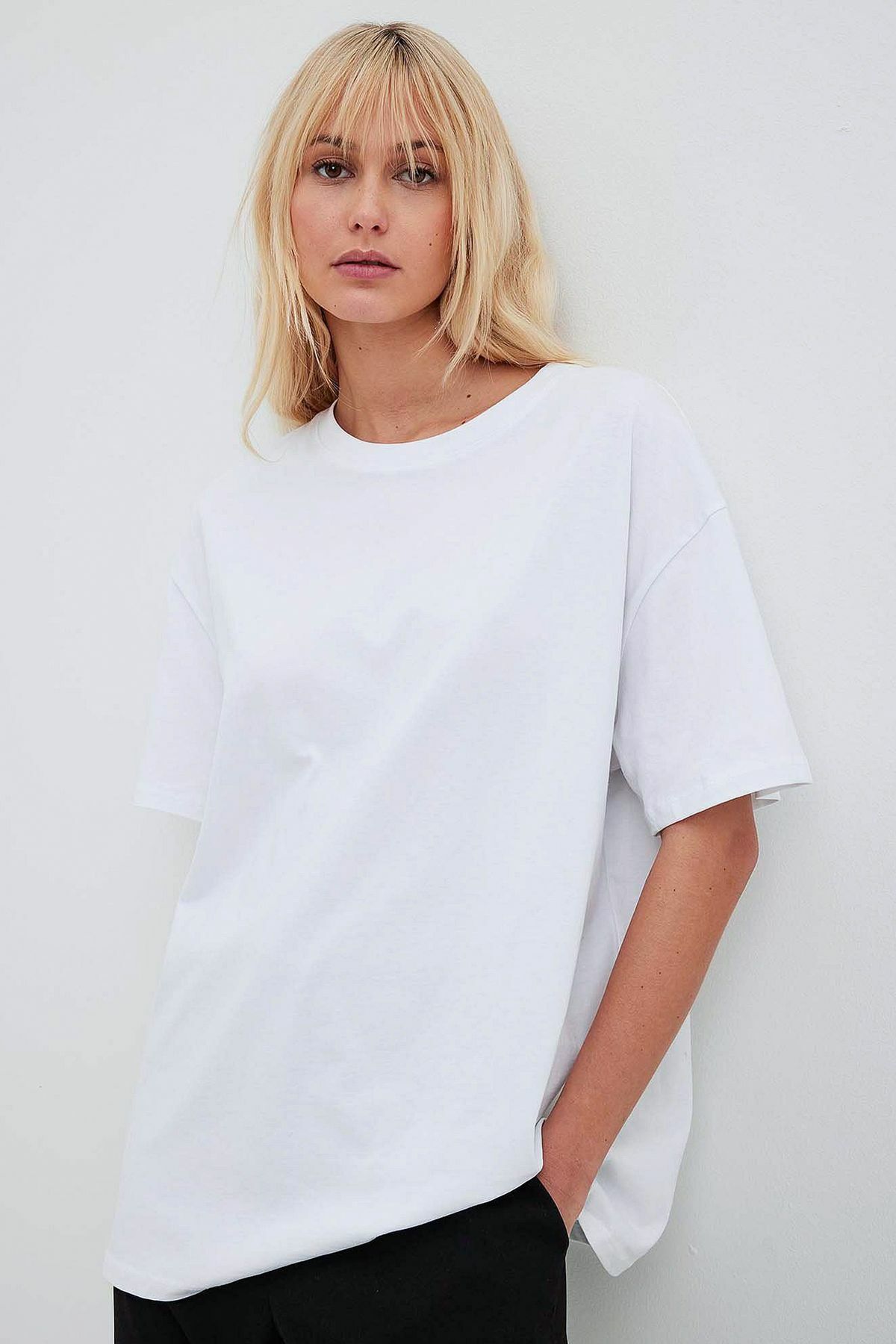 %100 Organik Pamuklu Oversize Basic Beyaz Kadın T-shirt