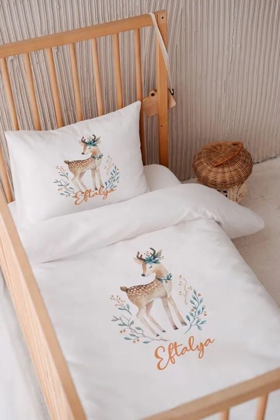 %100 Pamuk Saten İsme Özel 100x150 Bebek Yatak Nevresim Seti Ceylan