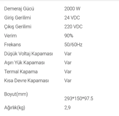 Carspa 1000 Watt Tam Sinüs İnverter 24V
