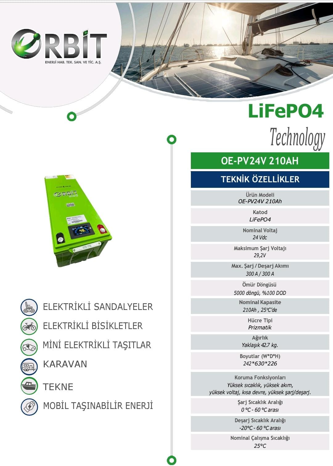 ORBİT 24 V 210 Ah LiFePO4 Akü
