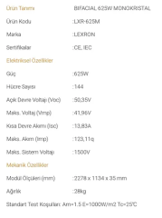 Lexron 625W 10BB Bifacial Half Cut Monokristal Güneş Paneli