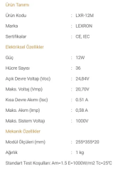Lexron 12w Monokristal Güneş paneli