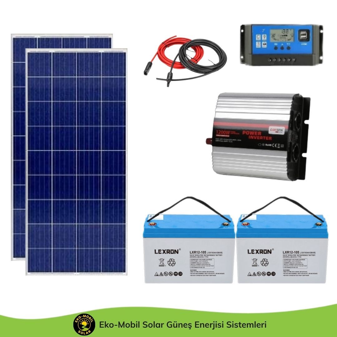 Hazır Solar Paket 1200W 2x170W Polikristal 2x105Ah Jel