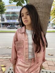 Kız Çocuk Dore Yansımalı Parlak Pembe Ceket
