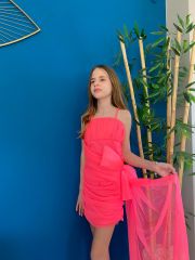 Kız Çocuk Kurdele Detaylı Neon Abiye Elbise