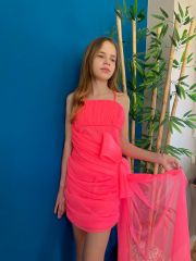 Kız Çocuk Kurdele Detaylı Neon Abiye Elbise