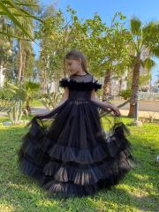 Kız Çocuk Omuz Detaylı Siyah Uzun Abiye Elbise