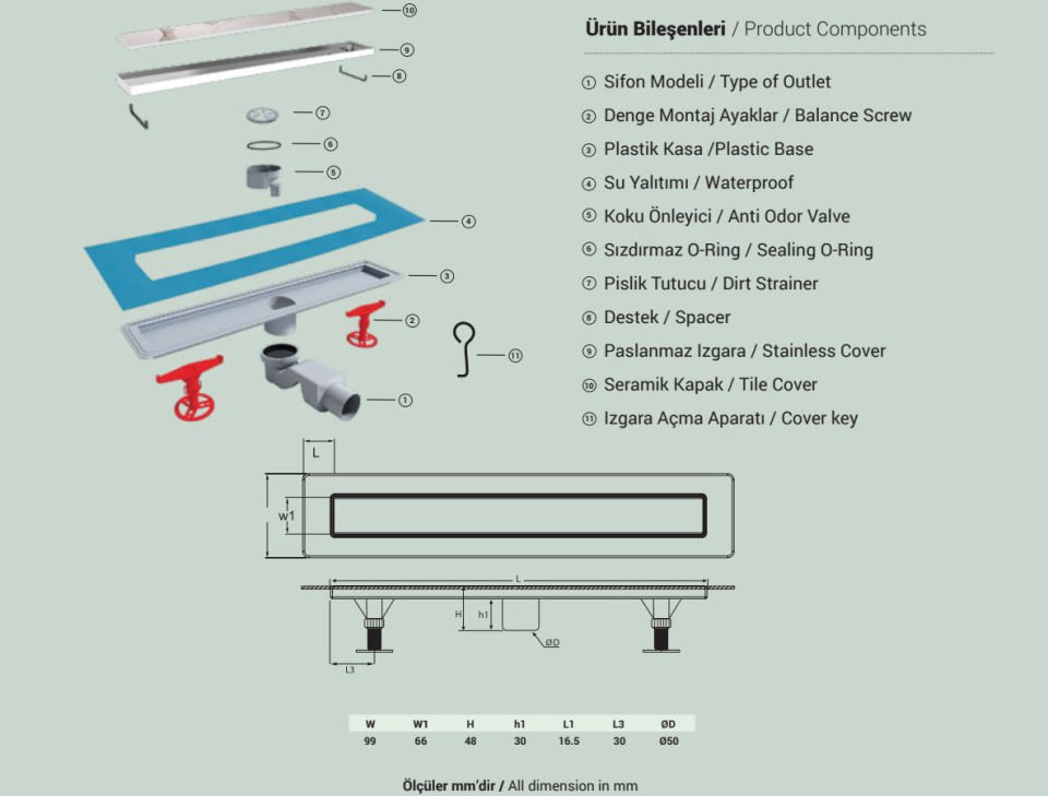 Seramik Uyumlu 33 cm Duş Kanalı