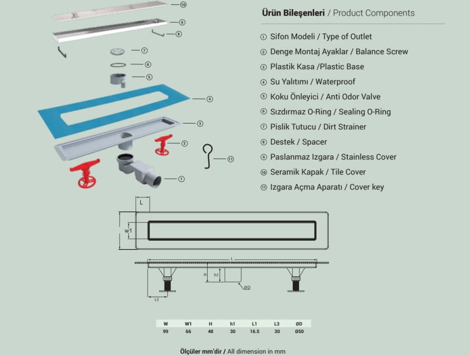 Seramik Uyumlu 40 cm Duş Kanalı
