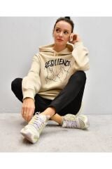 Sweatshirt 3 İp Şardonlu Relax Krem Rengi Kesim Hudy Oversize