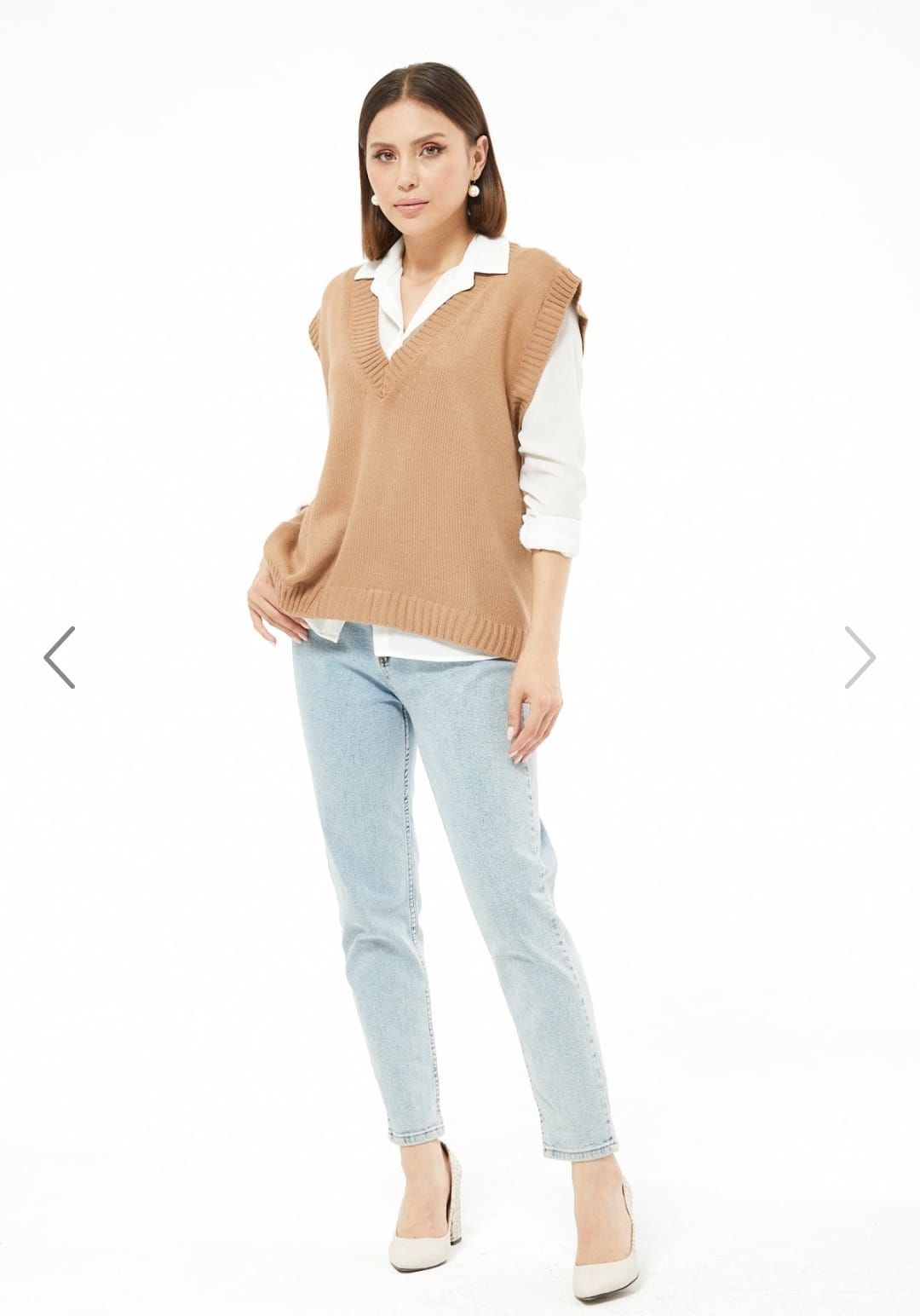 Daily Trend Milky Brown Color V-Neck Sweater