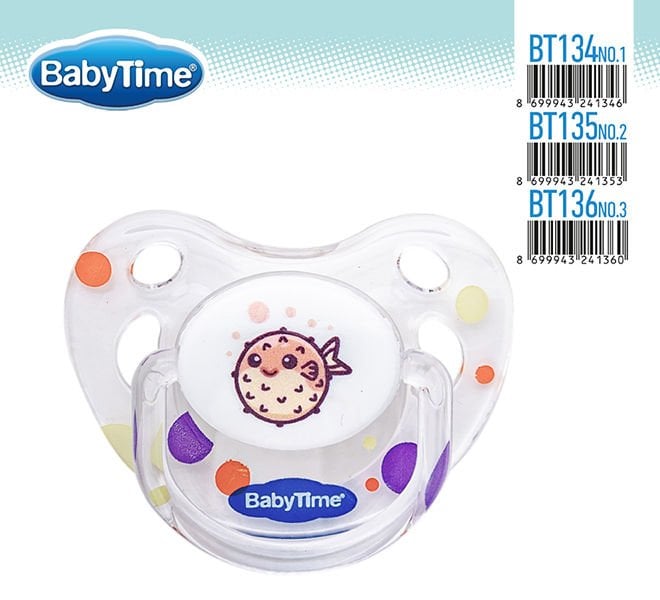 Babytime Silikon Damaklı Koruyucu Şeffaf Gövdeli Desenli Emzik BT134-1 (0-6 ay)