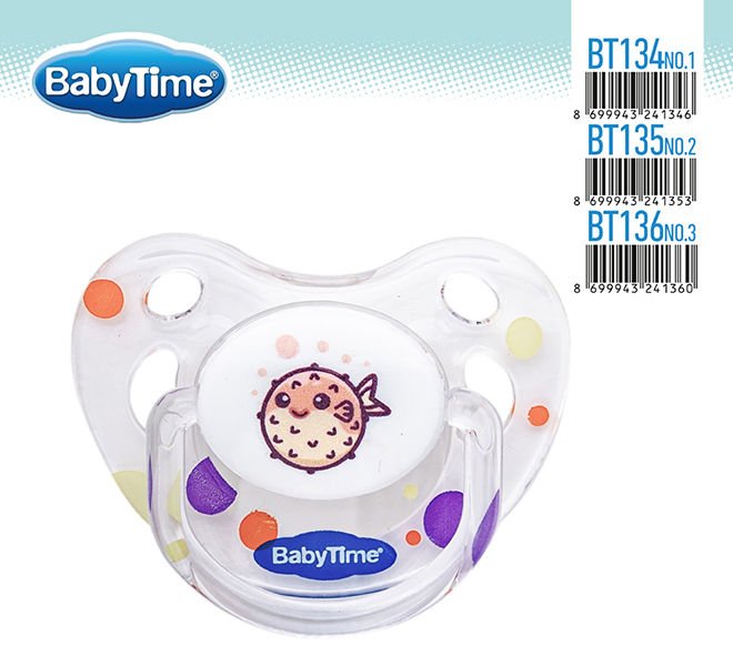 Babytime Silikon Damaklı Koruyucu Şeffaf Gövdeli Desenli Emzik BT134-1 (0-6 ay)