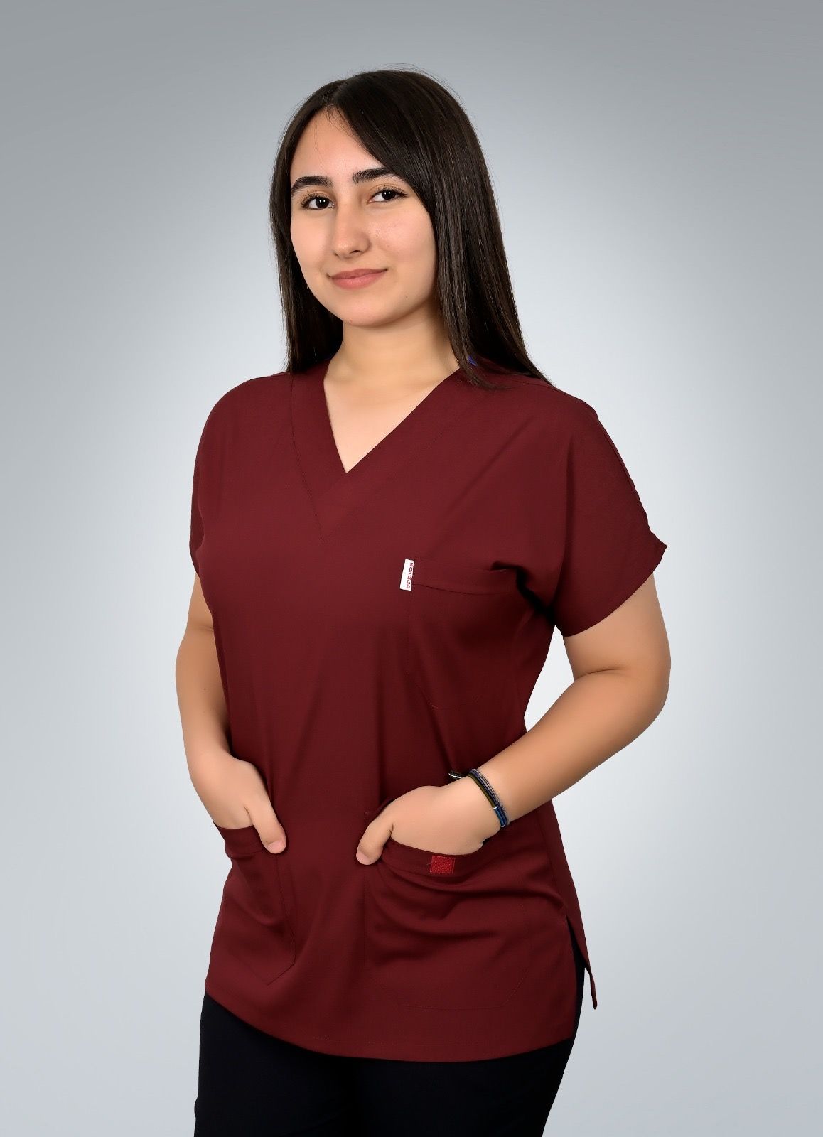 Formed Likralı Kumaş Kadın Üst Bordo + Alt Siyah Doktor Hemşire Forması