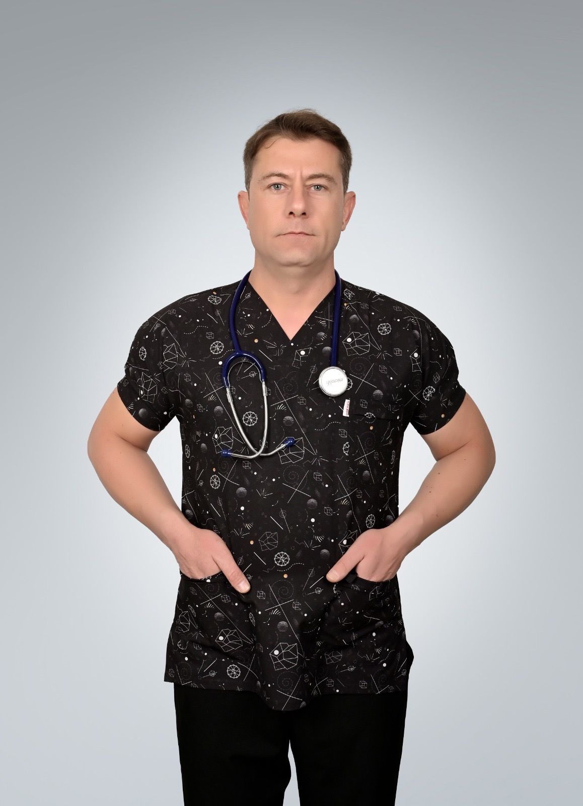 Formed Likralı Kumaş Erkek Geometri Desenli Üst + Alt Siyah Doktor Hemşire Forması