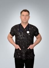 Formed Likralı Kumaş Erkek Geometri Desenli Üst + Alt Siyah Doktor Hemşire Forması