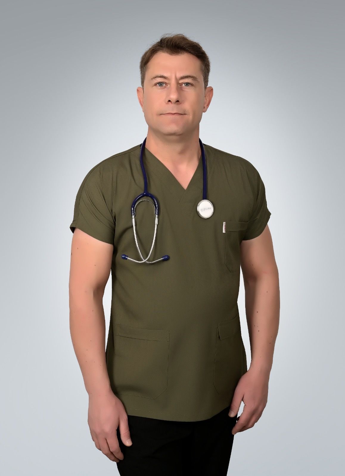 Formed Likralı Kumaş Erkek Üst Haki Yeşili + Alt Siyah Doktor Hemşire Forması