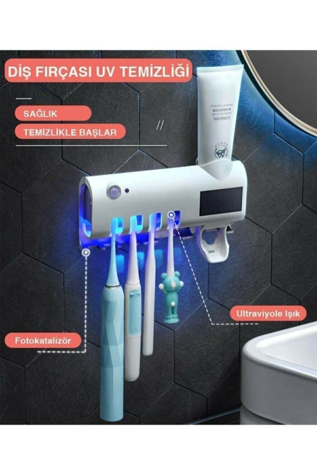 Otomatik Diş Macunu Sıkacağı Ve Sterilizatö 4 Adet Diş Fırçası Tutuculu