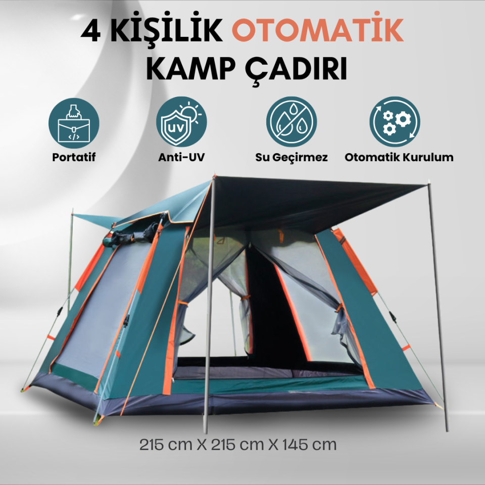 4 Kişilik Tam Otomatik Tenteli Kamp Çadırı - Anti-UV, Su Geçirmez, Portatif