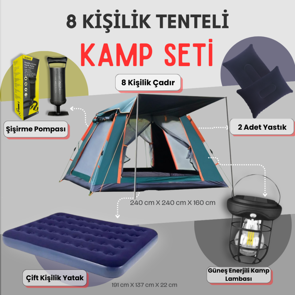 8 Kişilik Tam Otomatik Tenteli Kamp Çadırı + Çift Kişilik Şişme Yatak Seti + Lamba (Kamp Seti)
