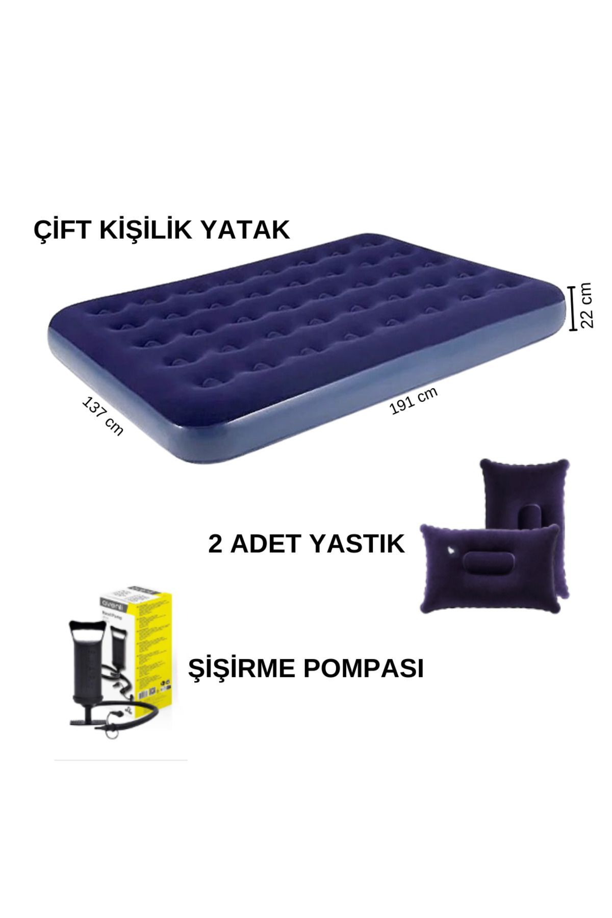 Çift Kişilik Şişme Yatak (191cm X 137cm X 22 Cm) + 2 Adet Yastık + Pompa / Kamp Seti