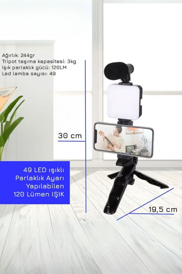 LED Işıklı Mikrofonlu Tripodlu Kumandalı Video Kayıt Fotoğraf Öz Çekim Seti