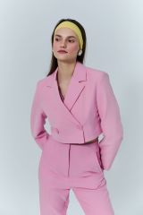 Kruvaze Crop Blazer Ceket Pembe