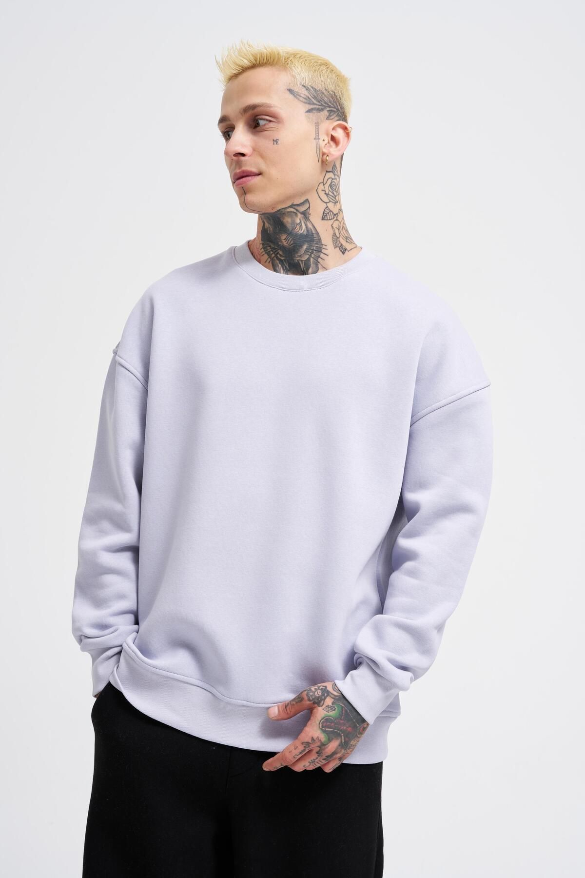 Erkek Basic Bisiklet Yaka Oversize Açık Lila Sweatshirt