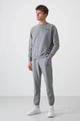 Gri Melanj Casual O Yaka Lastik Paça Pamuklu Erkek Oversize Eşofman Takımı - 85120