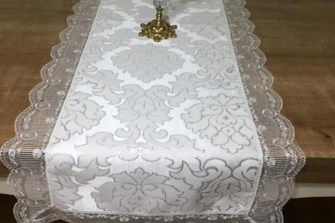 Beste Güpürlü & Damask Jakar Simli Kumaş Krem Runner 140 Cm - 494