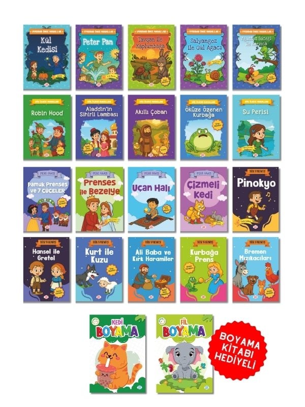 20 Kitaplık Dünya Klasikleri Masal Seti 2 - Okul Öncesi ve İlkokul - 2 Boyama Kitabı Hediyeli