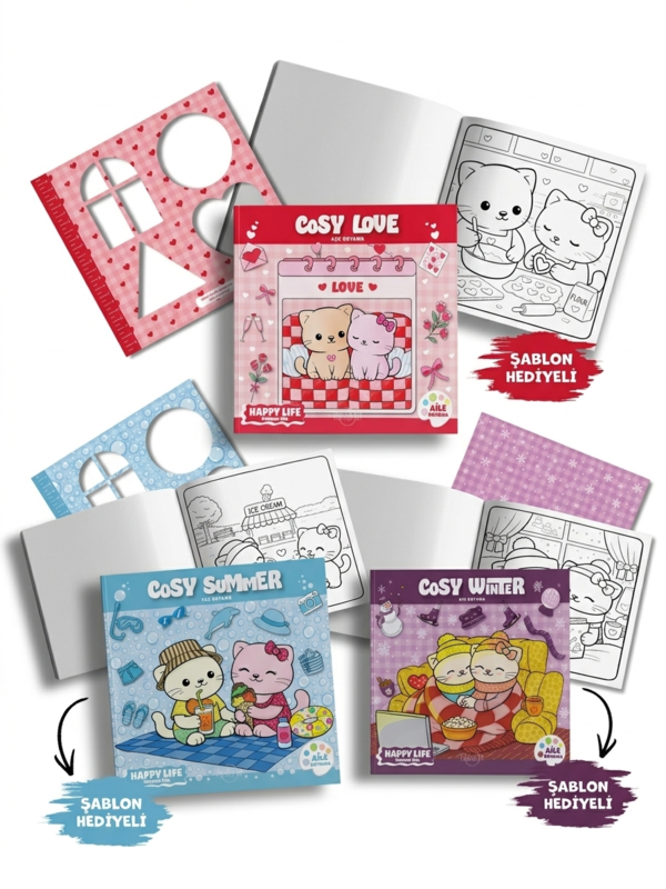 Happy Life Cosy Boyama Kitabı Seti - 3 Tematik Kitap 3 Özel Şablon Hediye - Aşk, Yaz, Kış Sahneleri