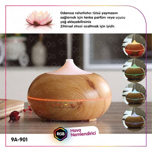 9a 901 Aroma Difüzör Gece Işığı 7 Led Nemlendirici Kumandalı Buhar Makinesi 550 ml Oda - Araç - Hava Nemlendirici