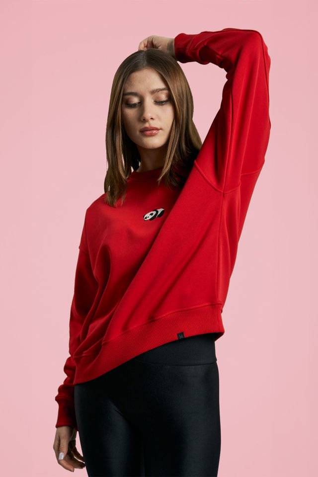 Panda Nakışlı Casual Sweatshirt - Kırmızı