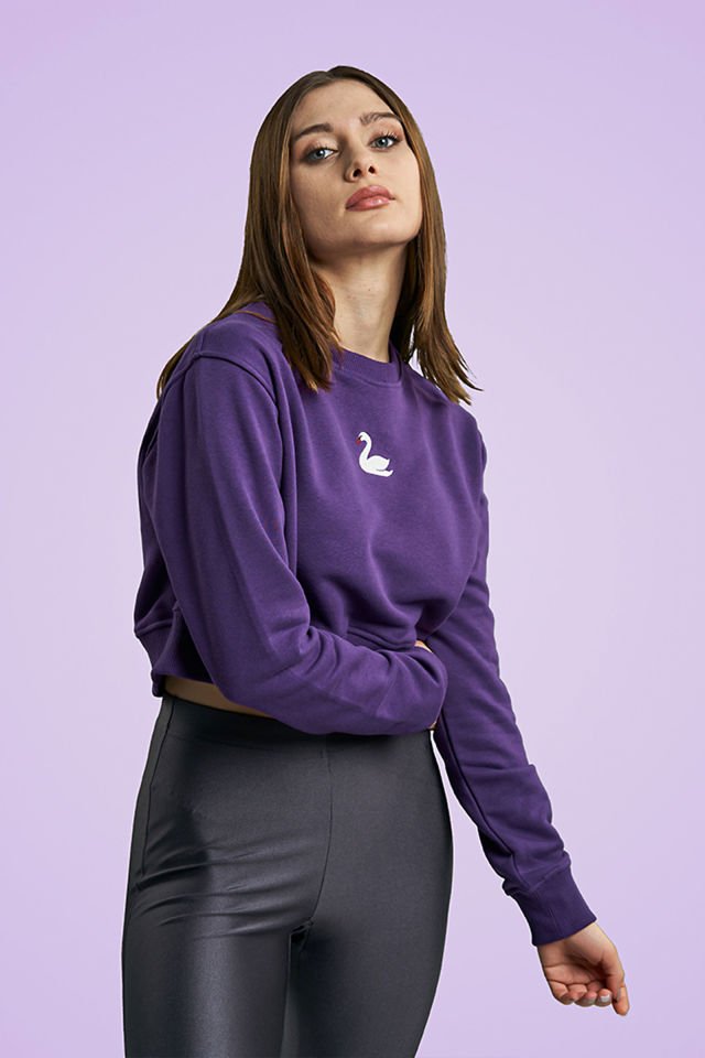 Nakışlı Crop Sweatshirt - Mor