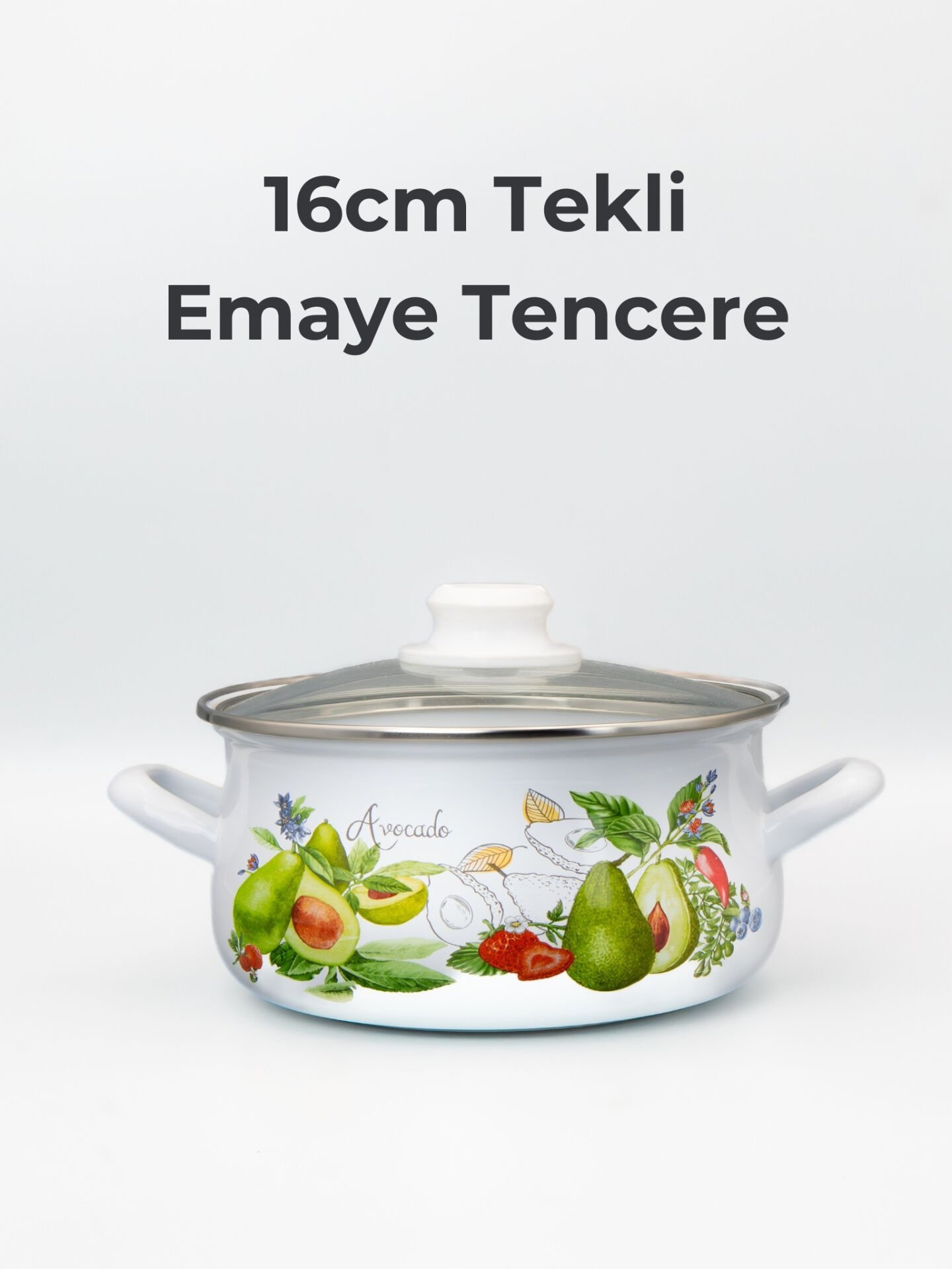 Bonera 16cm Avokado Desenli Tekli Cam Kapaklı Emaye Güveç Tencere