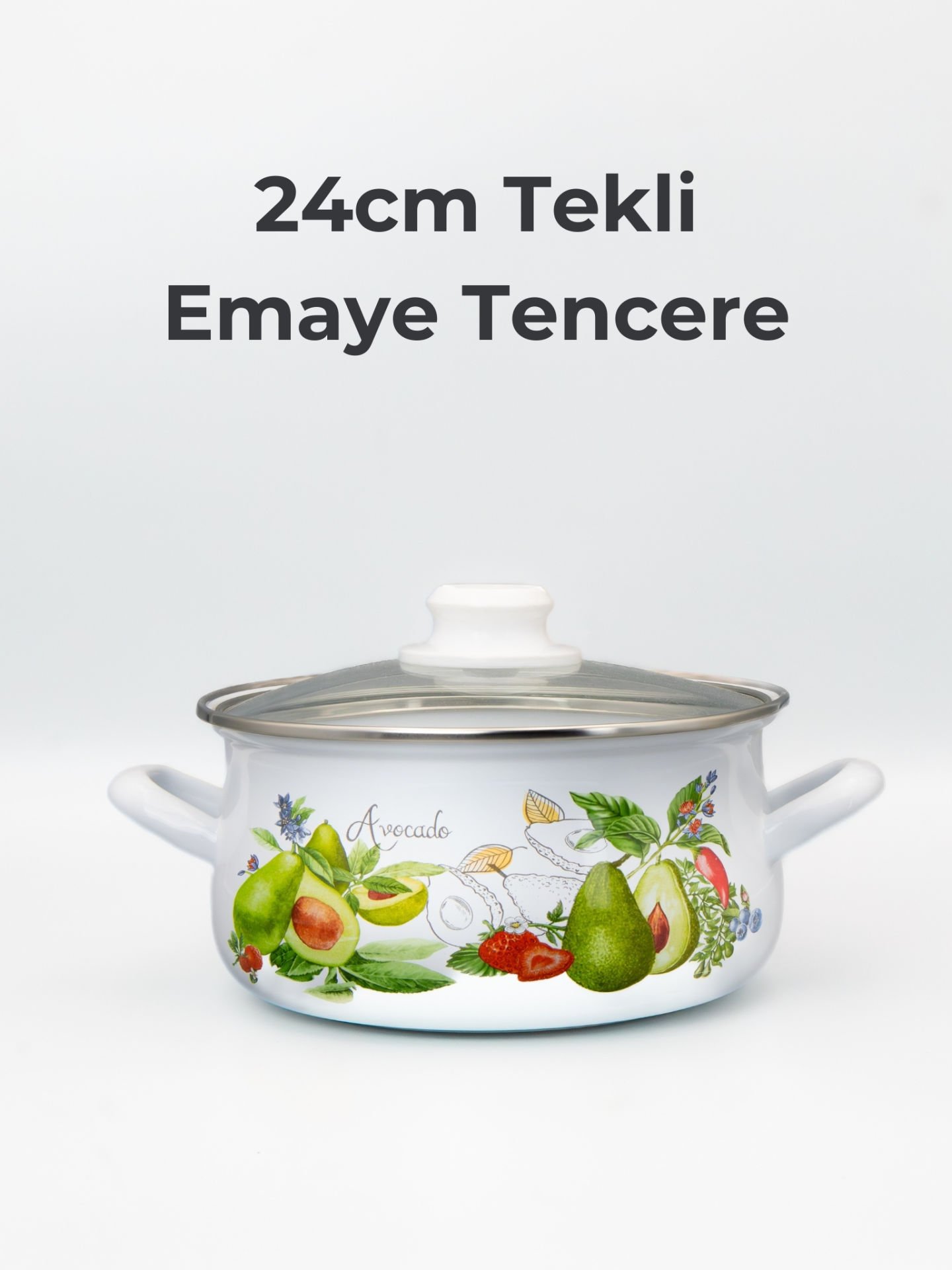 Bonera 24cm Avokado Desenli Tekli Cam Kapaklı Emaye Güveç Tencere