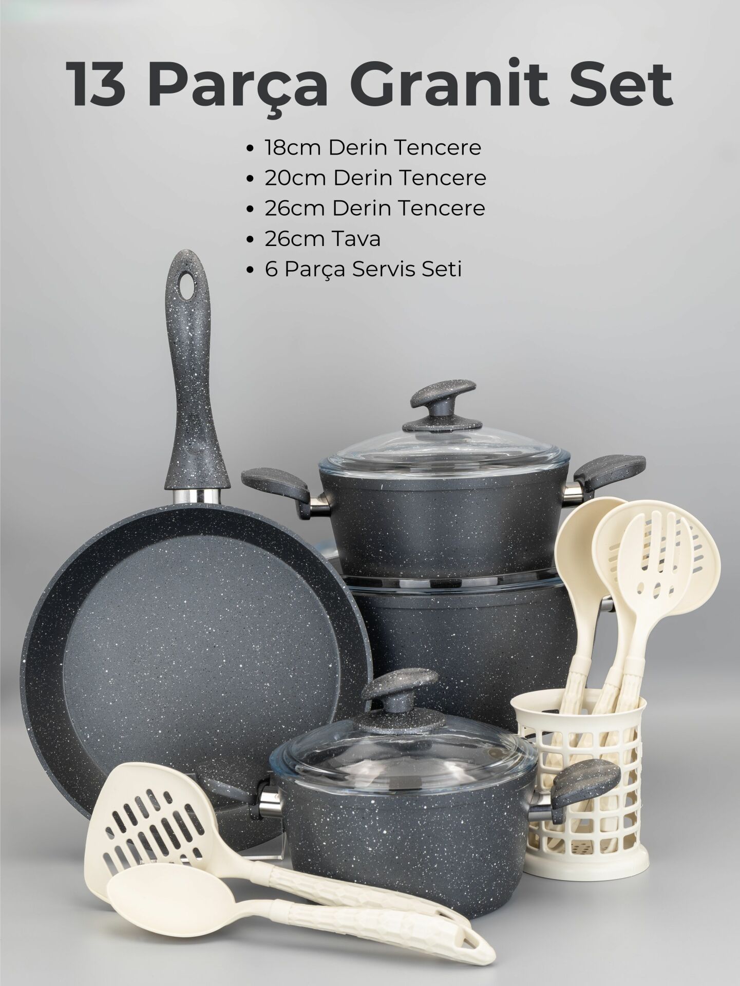 Bonera Marbella 13 Parça Gri Granit Set - 18-20-26cm Tencere + 26 Tava + 6 Parça Kaşık Set