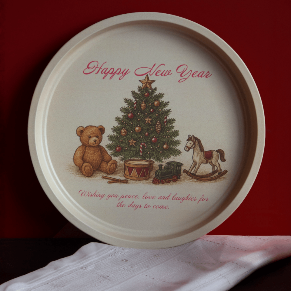 Sarkap Home Yılbaşı Desenli Dekoratif Metal Tepsi - Happy New Year HappyNewYear